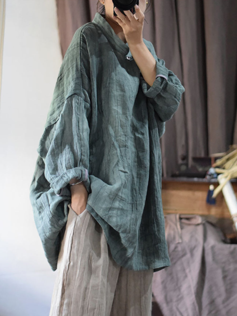 Plus Size Women Vintage Solid Linen Loose Long Blouse