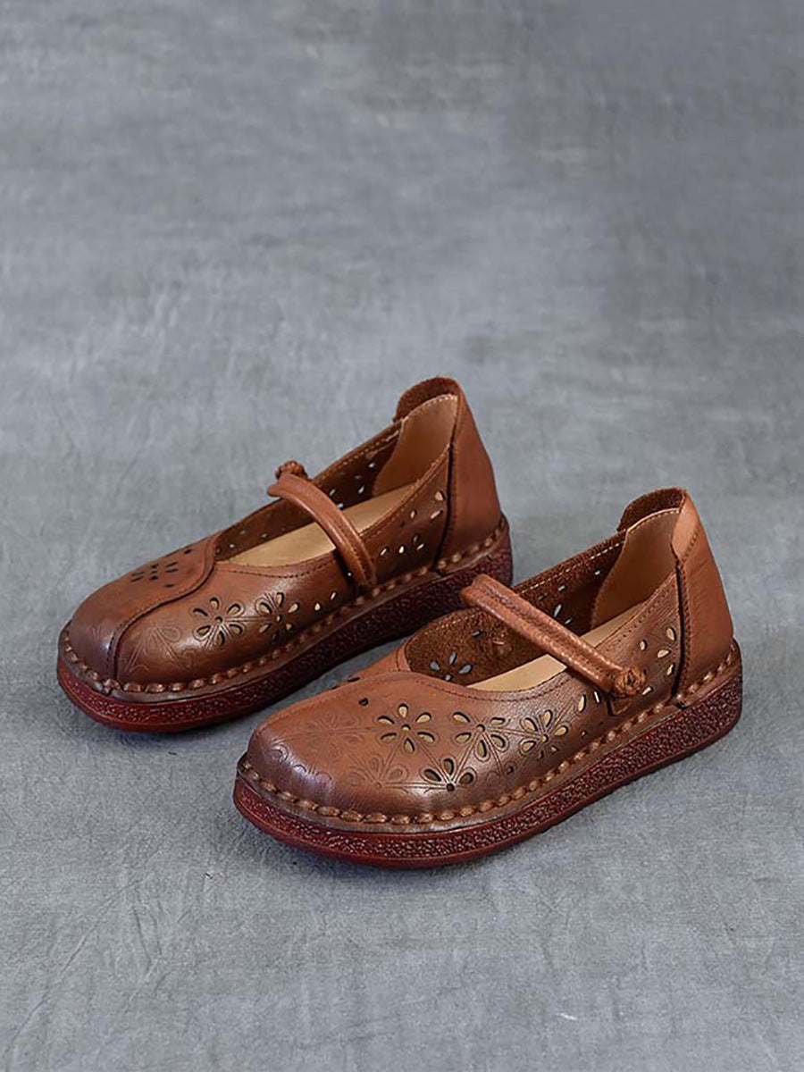 Women Vintage Leather Flower Hollow Out Low Heel Shoes