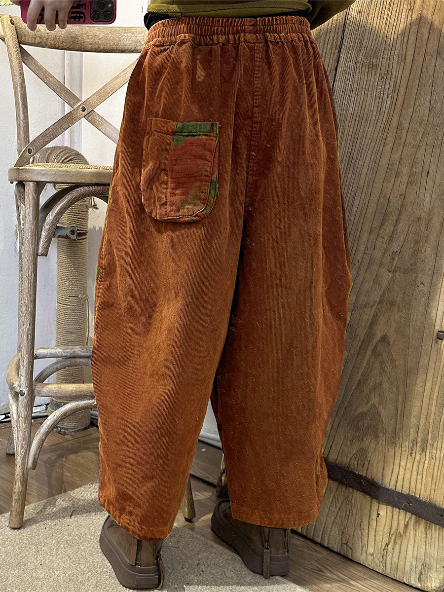 Plus Size Women Autumn 100%Cotton Flower Spliced  Pants