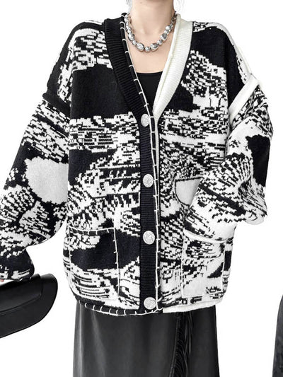 Long Sleeves Loose Abstract Printed Buttoned Contrast Color Pockets Split-Joint Collarless Cardigan Tops Outerwear