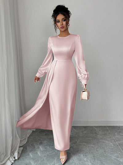 A-Line Elasticated Waist Asymmetric Pleated Solid Color Split-Joint Round-Neck Maxi Dresses