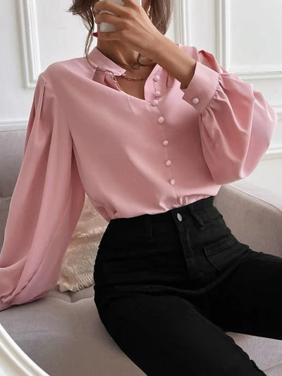 Loose Puff Sleeves Pleated Solid Color Split-Joint Stand Collar Blouses