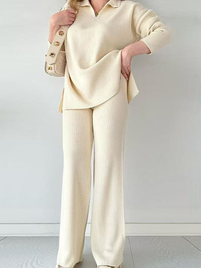 Loose Long Sleeves Solid Color Split-Side Lapel Sweater Top + Pants Two Pieces Set