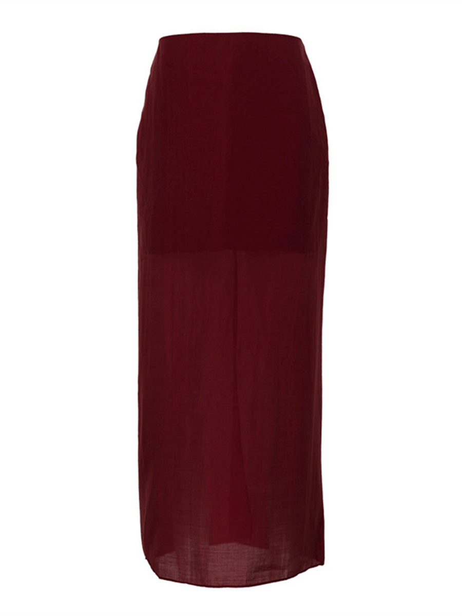 Bodycon High Waisted See-Through Solid Color Split-Joint Skirts Bottoms
