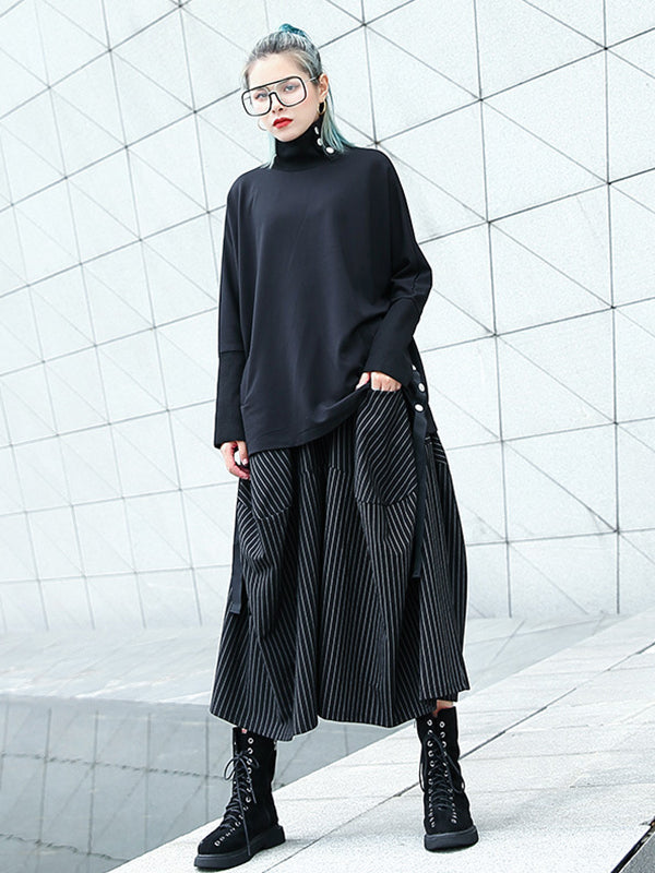 High Waisted Loose Elasticity Pockets Striped Culotte Pants