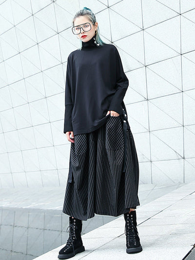High Waisted Loose Elasticity Pockets Striped Culotte Pants