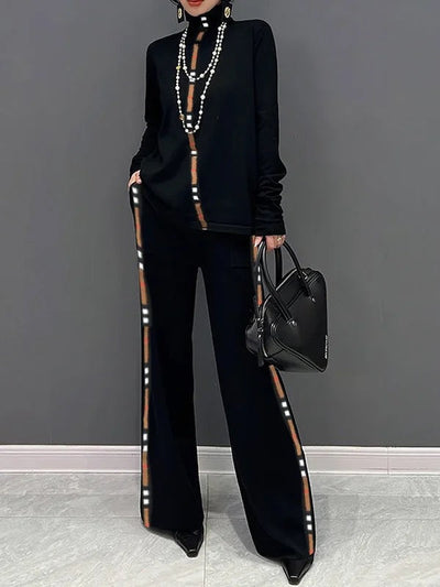 Long Sleeves Loose Contrast Color Printed High Neck T-Shirts Tops