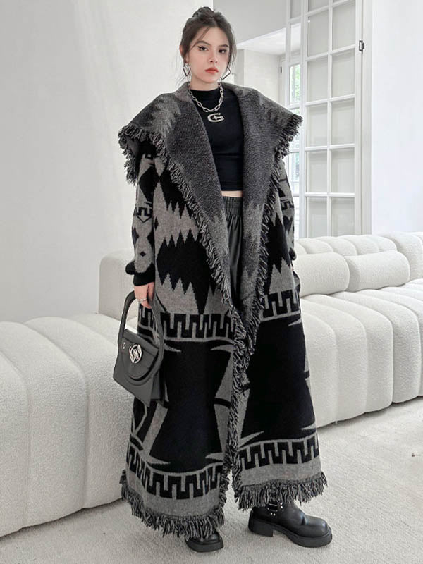 Long Sleeves Loose Contrast Color Geometric Split-Joint Tasseled Lapel Outerwear Overcoat