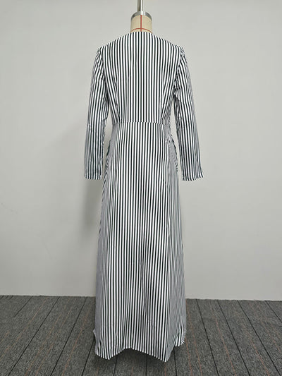 A-Line Loose Asymmetric Split-Joint Striped V-Neck Maxi Dresses Shirt Dress