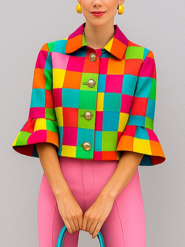 Loose Three-Quarter Sleeves Buttoned Plaid Lapel Outerwear