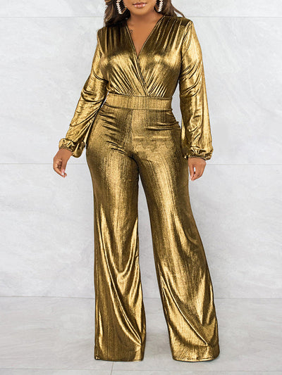 Bodycon High Waisted Elasticity Shiny Solid Color V-Neck Jumpsuits