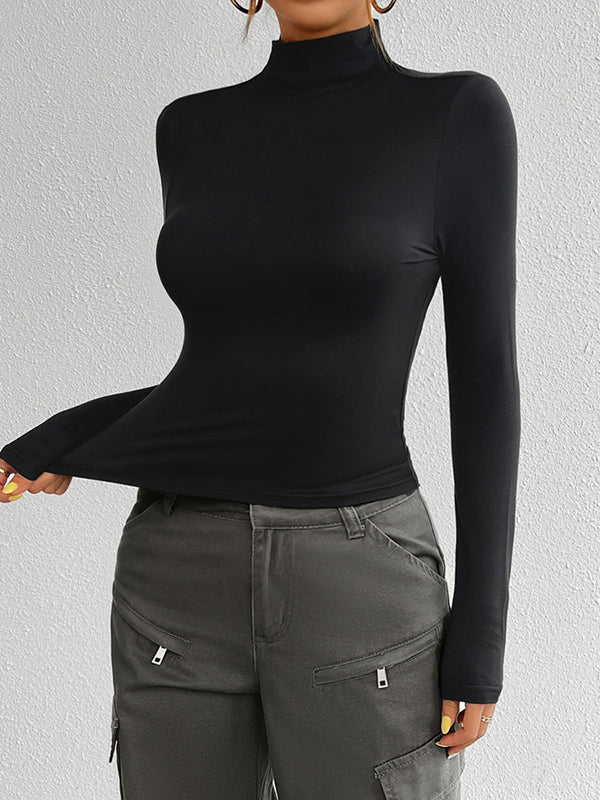 Long Sleeves Skinny Solid Color High Neck T-Shirts Tops