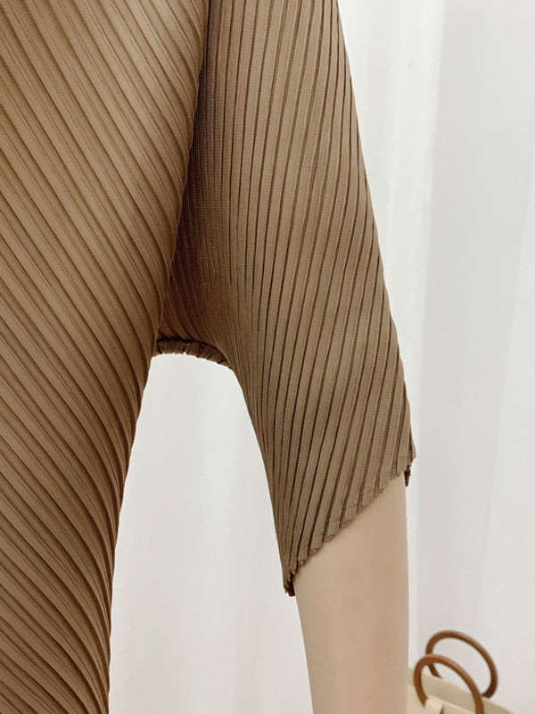 Half Sleeves Irregular Clipping Pleated Solid Color Round-Neck Midi Dresses