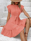 A-Line Loose Buttoned Pleated Polka-Dot Tied Waist Round-Neck Mini Dresses