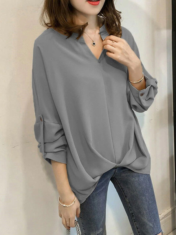Casual Long Sleeves Loose Solid Color V-Neck Blouses&Shirts Tops