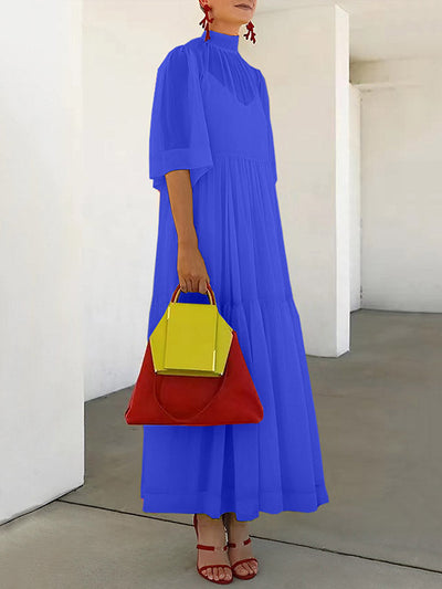 Loose Plus Size Mesh Pleated Solid Color Split-Joint Mock Neck Maxi Dresses Two Pieces Set
