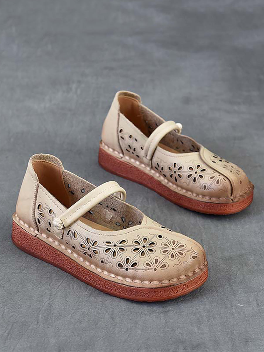 Women Vintage Leather Flower Hollow Out Low Heel Shoes