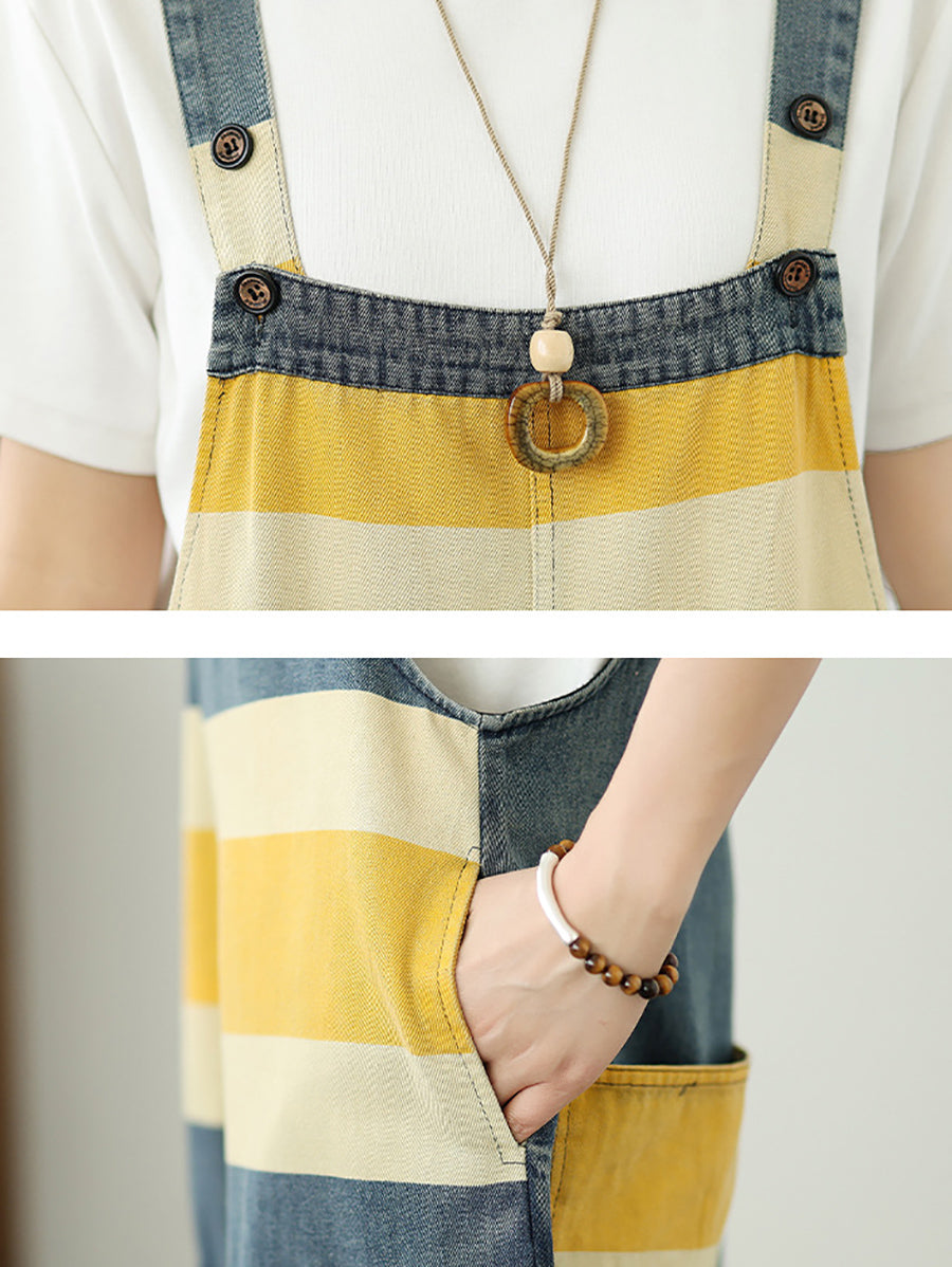 Women Summer Colorblock Stripe Denim Loose Jumpsuits