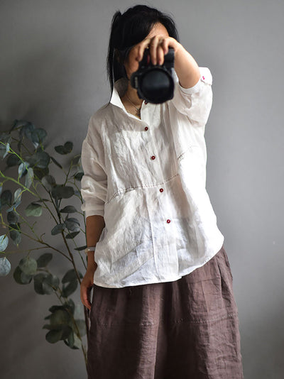 Plus Size Women Casual Solid Spring Stitching Linen Shirt