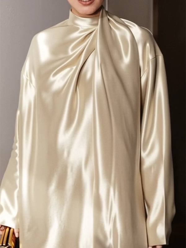 Long Sleeves Loose Shiny Solid Color High Neck Mini Dresses