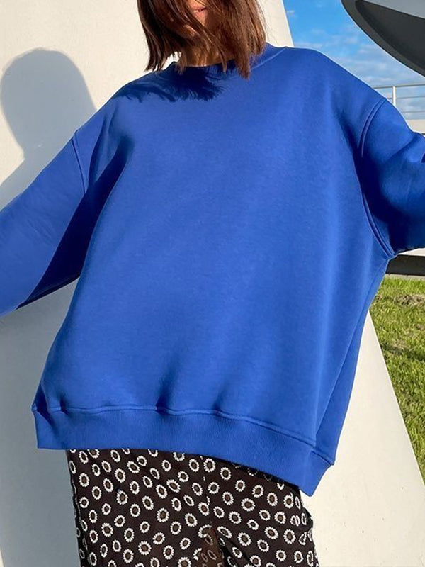 Long Sleeves Loose Solid Color Round-Neck Sweatshirt Tops