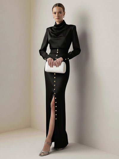 Split-Joint Heaps Collar Long Sleeves Pleated Blouses&Shirts Tops + Elasticated Waist Asymmetric Buttoned  Contrast Color Split-Side Zipper Skirts Bottoms Two Pieces Set