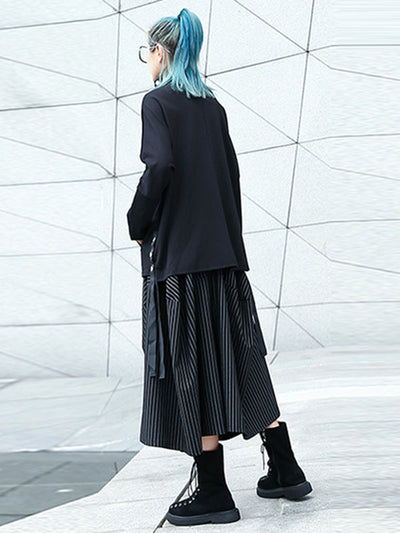 High Waisted Loose Elasticity Pockets Striped Culotte Pants