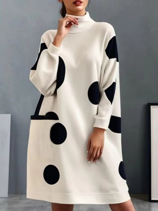 Long Sleeves Loose Pockets Polka-Dot High Neck Midi Dresses