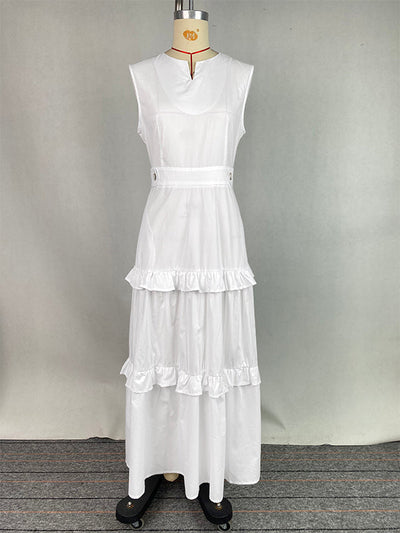 A-Line High Waisted Buttoned Pleated Pockets Solid Color Split-Joint V-Neck Maxi Dresses