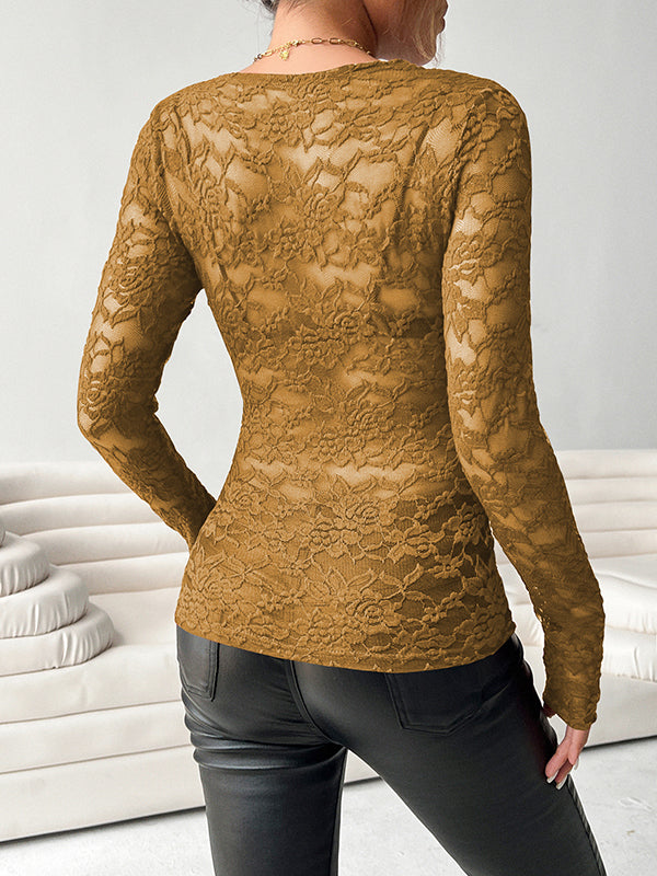 Long Sleeves Skinny See-Through Solid Color Deep V-Neck T-Shirts