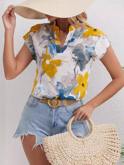 Loose Short Sleeves Comfort Contrast Color Flower Print V-Neck Blouses&Shirts Tops
