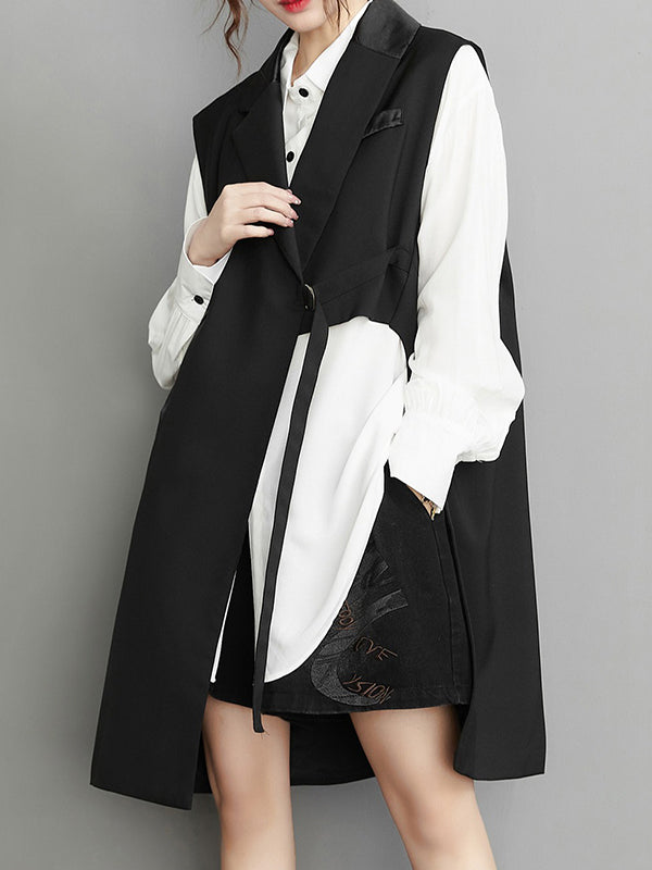 Sleeveless Asymmetric Pockets Tied Notched Collar Vest Outerwear
