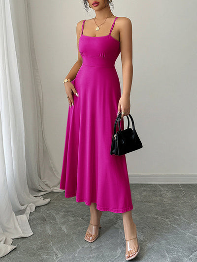 A-Line High Waisted Backless Pleated Solid Color Spaghetti-Neck Midi Dresses