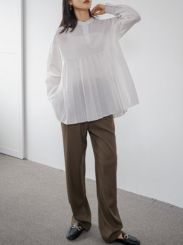 Long Sleeves Loose Buttoned Pleated Solid Color Round-Neck Blouses&Shirts Tops