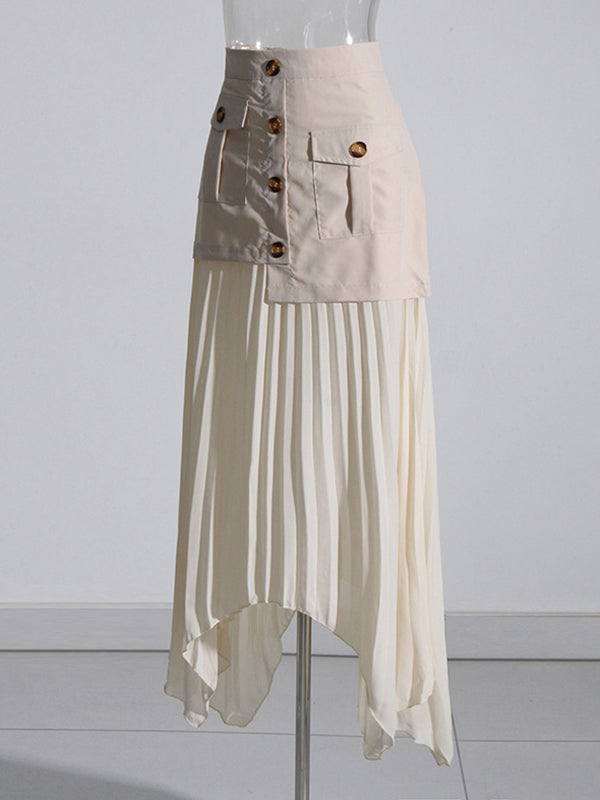 A-Line Loose Asymmetric Buttoned Pleated Split-Joint Zipper Skirts Bottoms