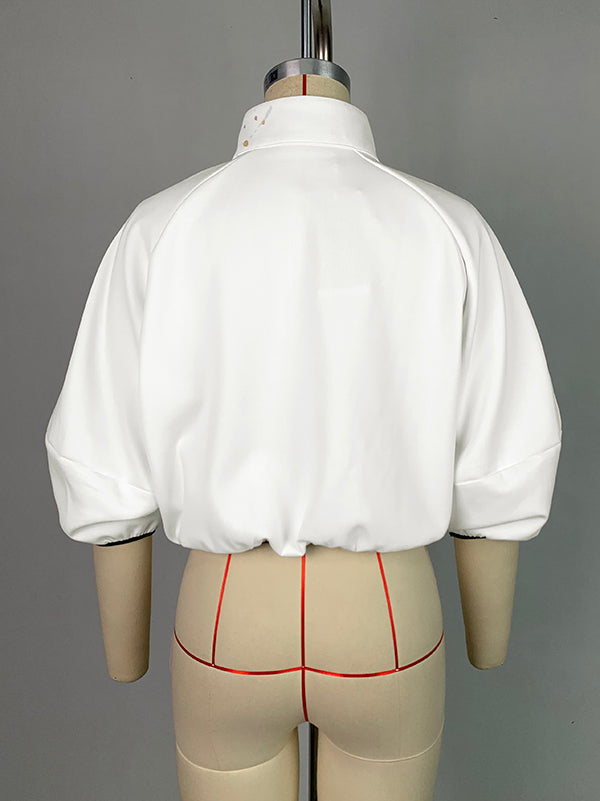 Loose Puff Sleeves Asymmetric Floral Printed Split-Joint High Neck Outerwear