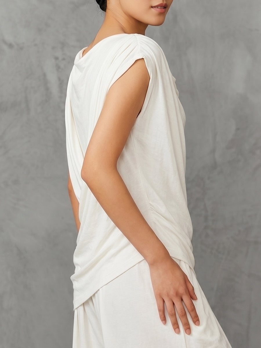 Loose Sleeveless Asymmetric Pleated Solid Color One-Shoulder Blouses&Shirts Tops