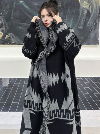 Long Sleeves Loose Contrast Color Geometric Split-Joint Tasseled Lapel Outerwear Overcoat