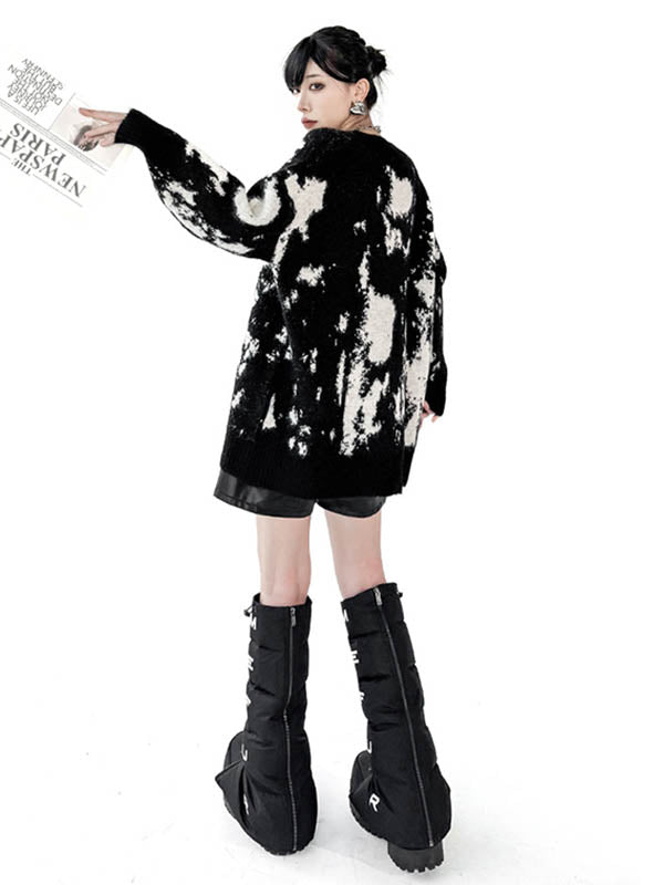 Long Sleeves Loose Abstract Printed Contrast Color Ribs Split-Joint V-Neck Sweater Tops