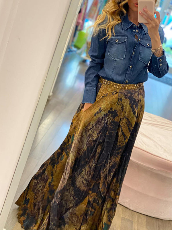 Loose Wrap Contrast Color Flower Print Skirts Bottoms