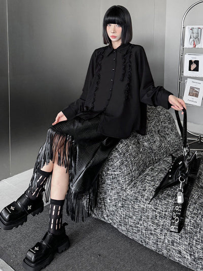 Hipster Long Sleeves Buttoned Falbala Ruffled Solid Color Split-Joint Lapel Blouses&Shirts Tops