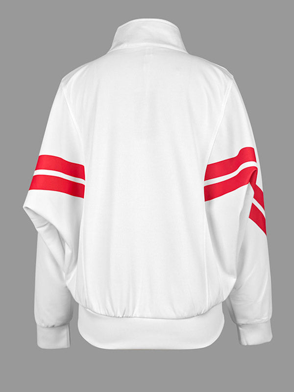 Long Sleeves Loose Split-Joint Striped Zipper Stand Collar Jackets Outerwear
