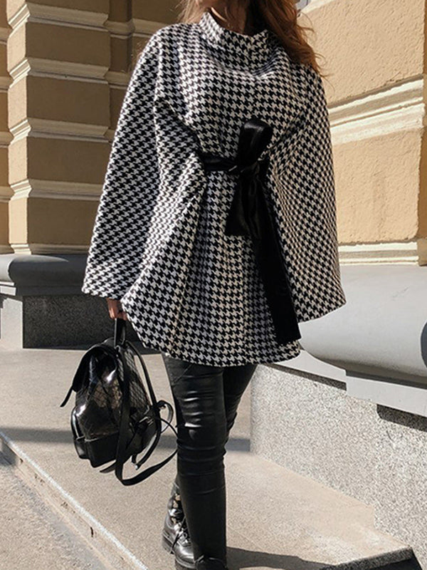 Batwing Sleeves Long Sleeves Houndstooth Tied Waist Stand Collar Cape Outerwear