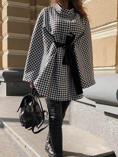 Batwing Sleeves Long Sleeves Houndstooth Tied Waist Stand Collar Cape Outerwear