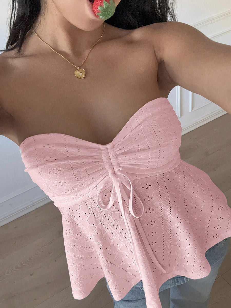 Skinny Sleeveless Backless Hollow Pleated Solid Color Split-Joint Tied Tube Vest Top