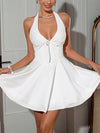 A-Line Sleeveless Drawstring Solid Color Tied Halter-Neck Mini Dresses
