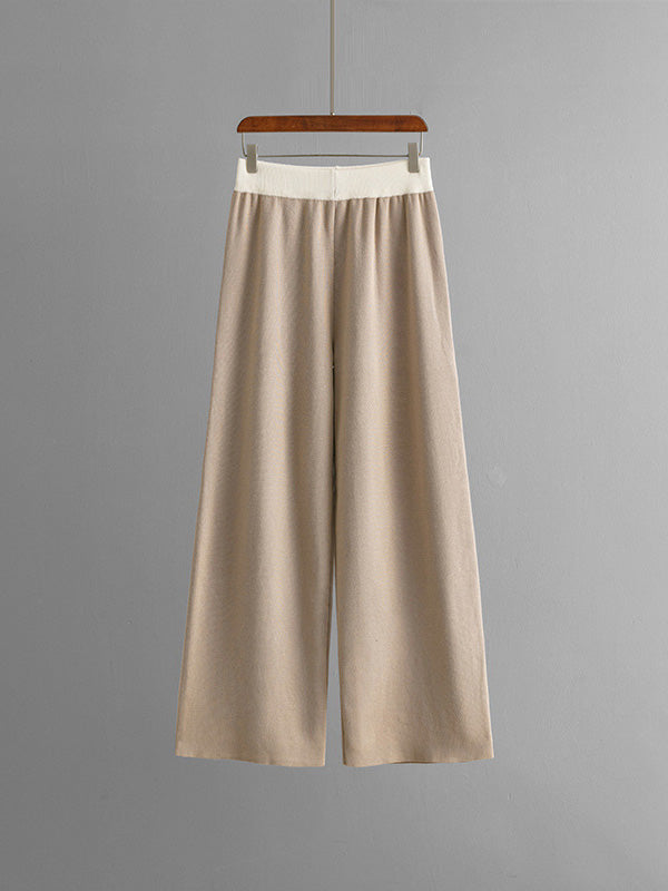 High-Low Contrast Color Split-Side V-Neck Sweater Tops + Elasticity Pants Trousers Two Pieces Set