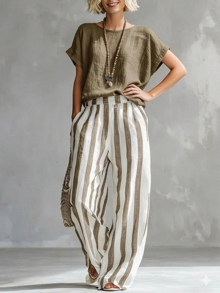 Plus Size Solid Color Round-Neck T-Shirts + Striped Pockets Contrast Color High Waisted Pants Trousers Two Pieces Set