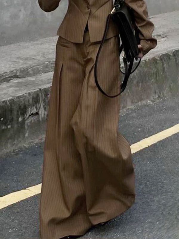 Loose Wide Leg Pleated Split-Joint Striped Pants Trousers