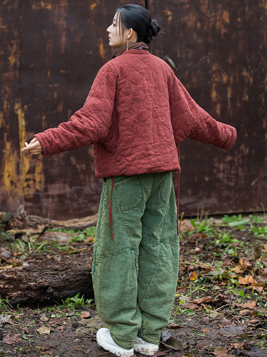 Women Winter Artsy Pure Color V-Neck Padded Coat